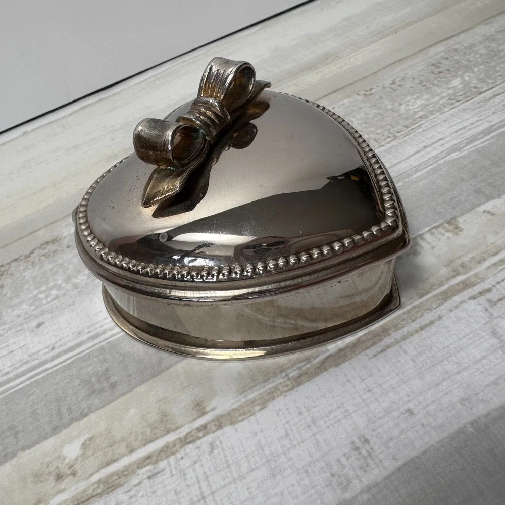 Vintage Silver Plate Heart-Shaped Velvet-Lined Trinket Box